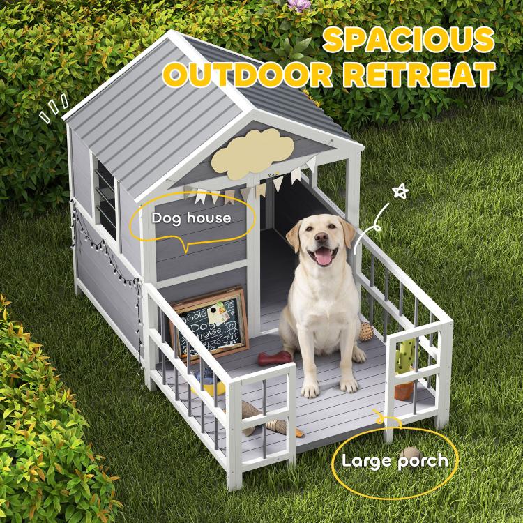 Spacious outdoor dog house with porch, gray siding, white frame, and cloud roof detail.