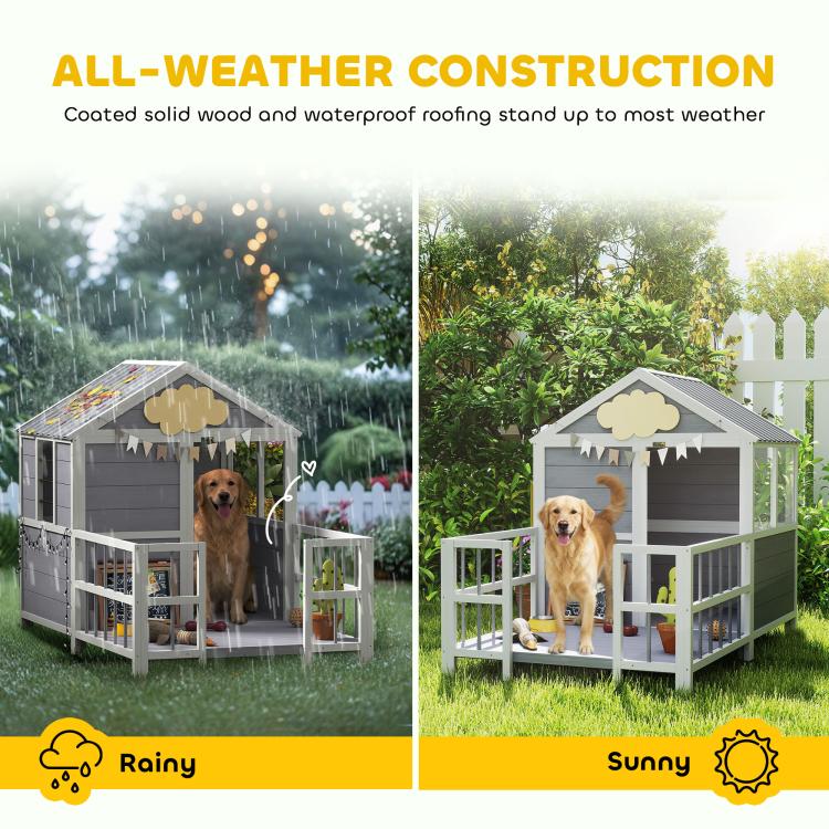 Outdoor dog house on raised base with gray siding, white railings, and covered roof.