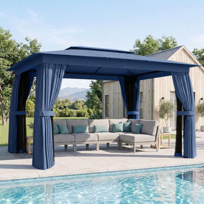 Outdoor patio gazebo with blue canopy top and hanging side curtains over an open frame