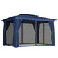 Blue outdoor patio gazebo with soft top, side curtains, and mesh panels