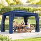 Blue soft-top outdoor gazebo with front curtains and open side access