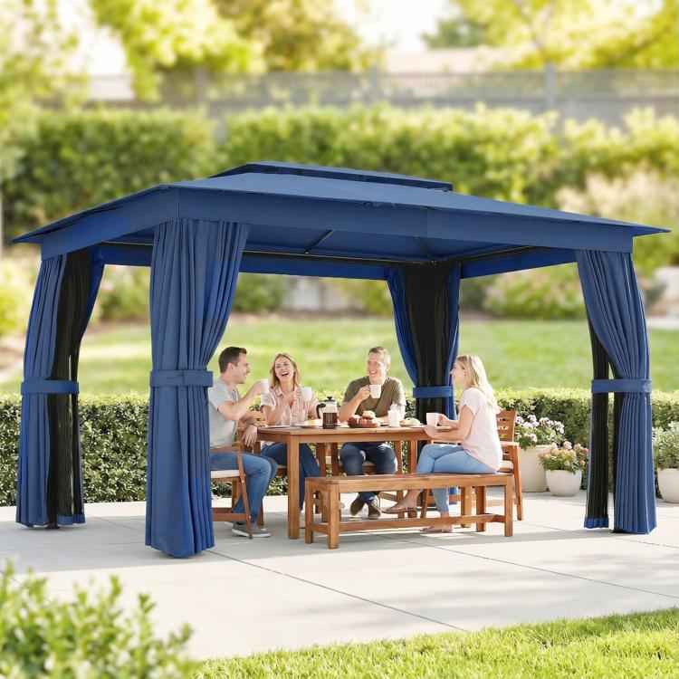 Blue soft-top outdoor gazebo with front curtains and open side access