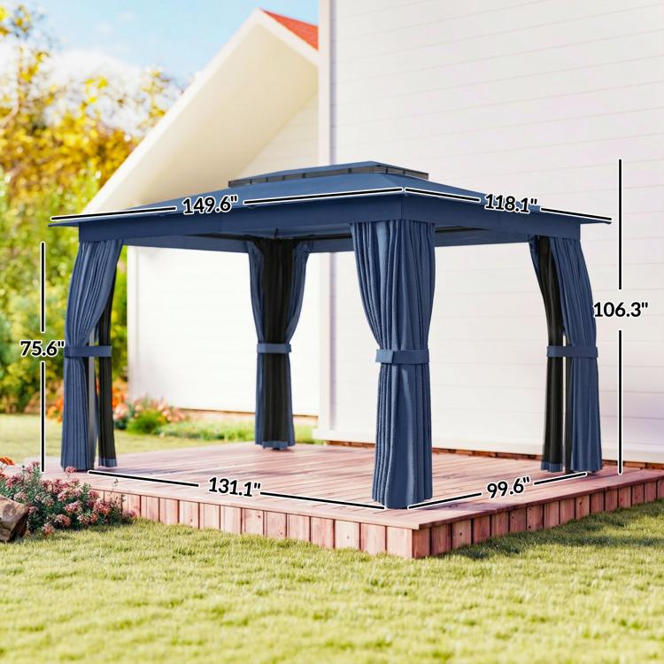 Blue patio gazebo with soft canopy top, side curtains, and measurements shown