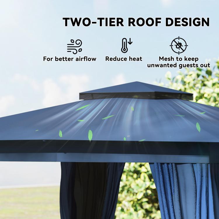 Blue two-tier roof gazebo canopy with hanging curtains at the sides