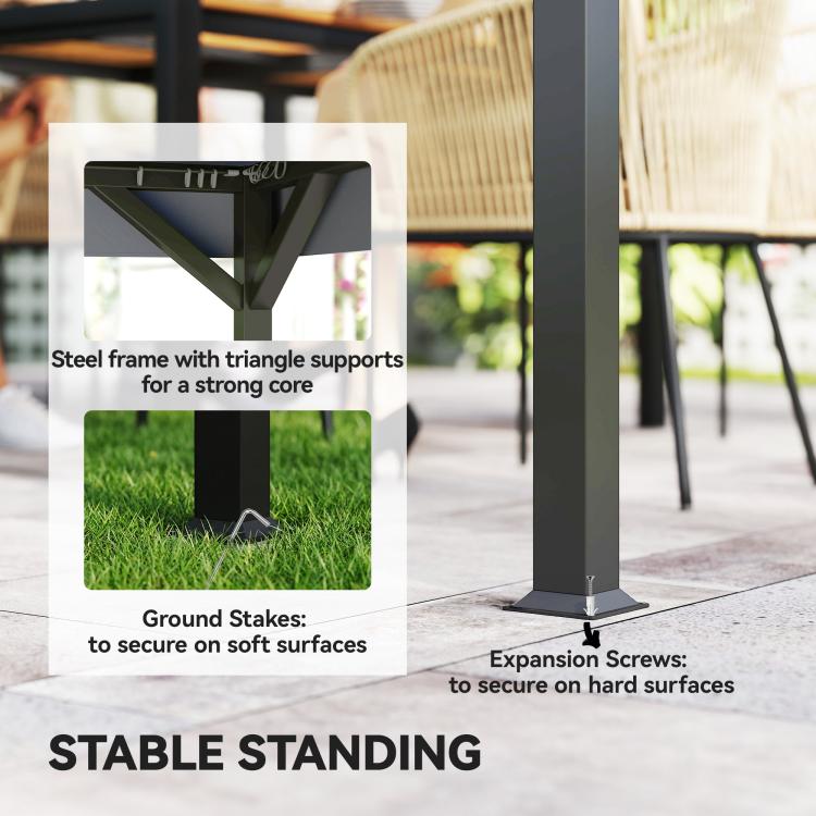 Gazebo frame with steel supports, ground stakes, and expansion screws for stability