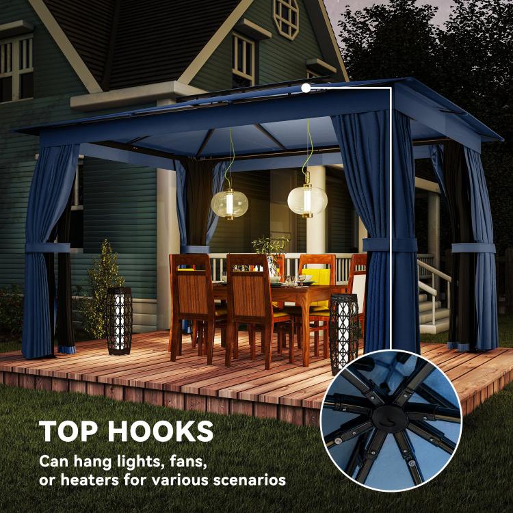 Blue gazebo with top hooks under the canopy and hanging lights inside