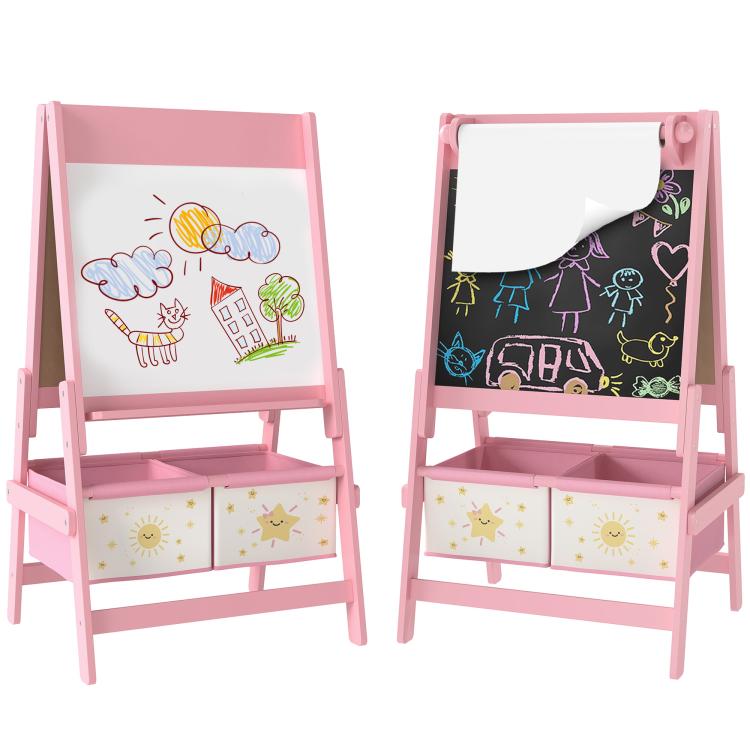 Pink kids double-sided art easel with whiteboard and chalkboard, storage drawers underneath.