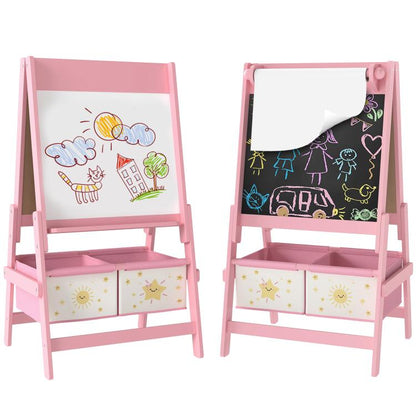 Pink kids double-sided art easel with whiteboard and chalkboard, storage drawers underneath.