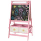 Pink kids chalkboard art easel with rainbow-style drawings and bottom storage drawers.