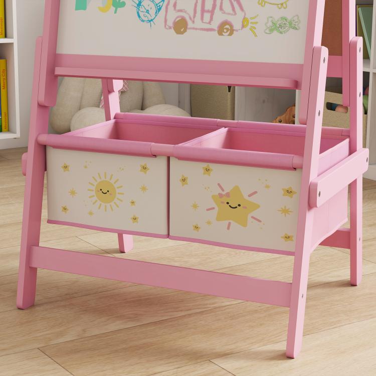 Pink kids art easel with double whiteboard and front storage baskets, sun and star decals