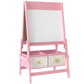 Pink kids art easel with blank whiteboard, lower storage bins with sun and star prints