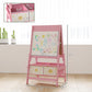 Pink kids art easel with double-sided boards and storage drawers; product dimensions shown.