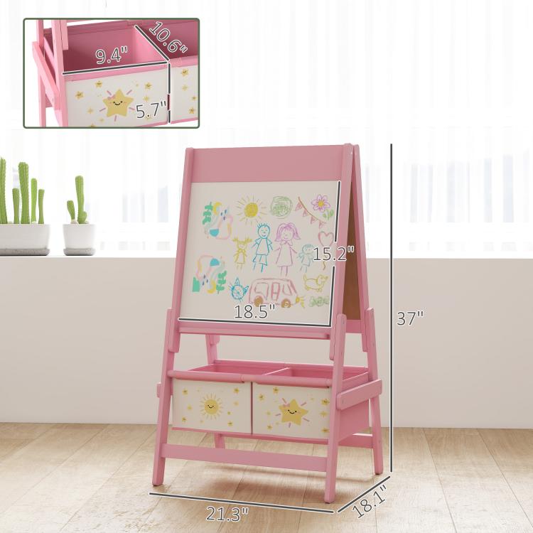 Pink kids art easel with double-sided boards and storage drawers; product dimensions shown.
