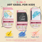 Pink kids art easel for kids with whiteboard, chalkboard, and paper roll features panel.
