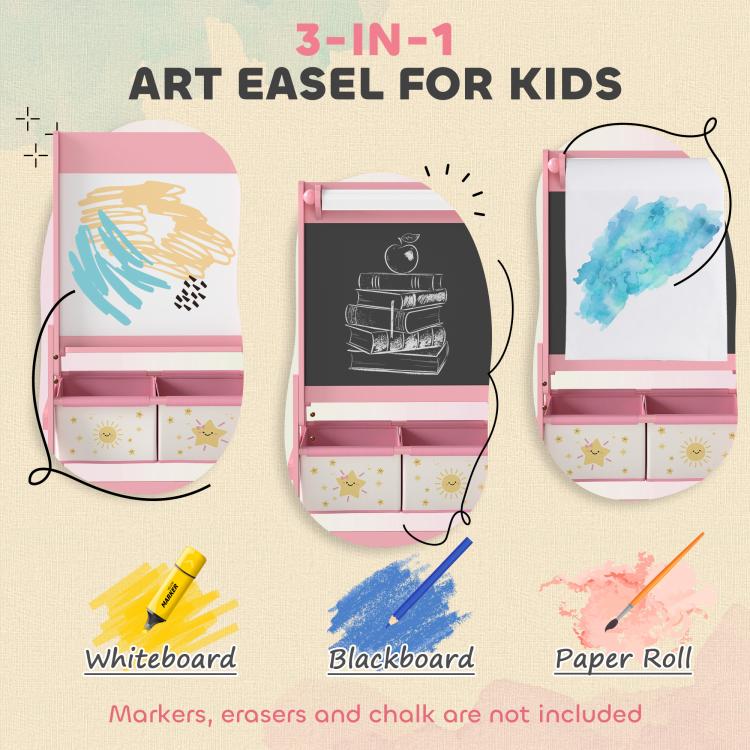 Pink kids art easel for kids with whiteboard, chalkboard, and paper roll features panel.