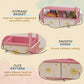 Pink kids art easel with storage basket compartments, smooth edges, and drawer fronts.