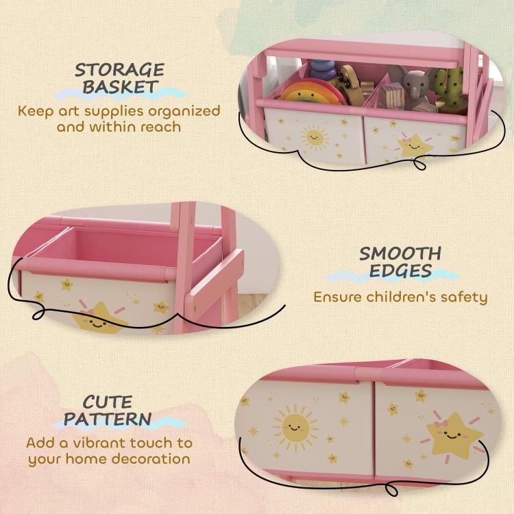 Pink kids art easel with storage basket compartments, smooth edges, and drawer fronts.