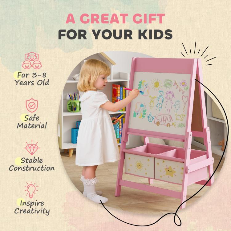 Pink kids art easel with paper roll and double-sided boards; great gift for children.