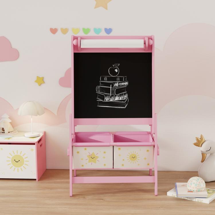 Pink kids chalkboard art easel with book sketch; storage drawers beneath the frame.