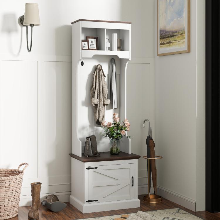 White entry hall tree with coat rack, shoe shelves, and cabinet bench door