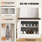 White hall tree all-in-one design showing storage shelf, coat rack, and bench