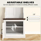 White hall tree adjustable shelf inside lower shoe storage cabinet