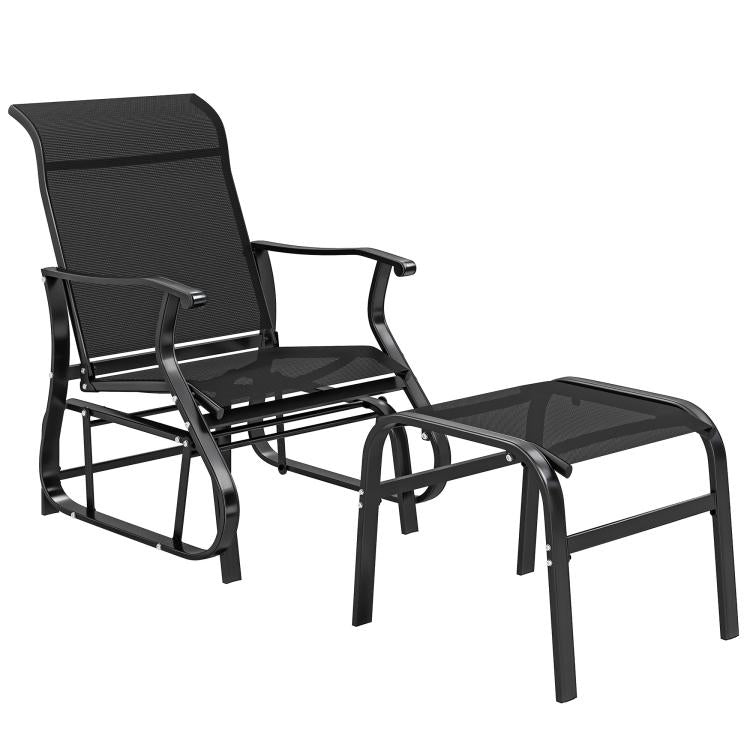 Black outdoor glider chair with high back and matching ottoman footrest