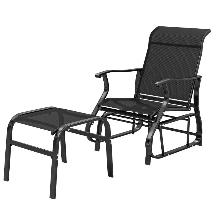 Black patio glider chair with high back and wide ottoman footrest
