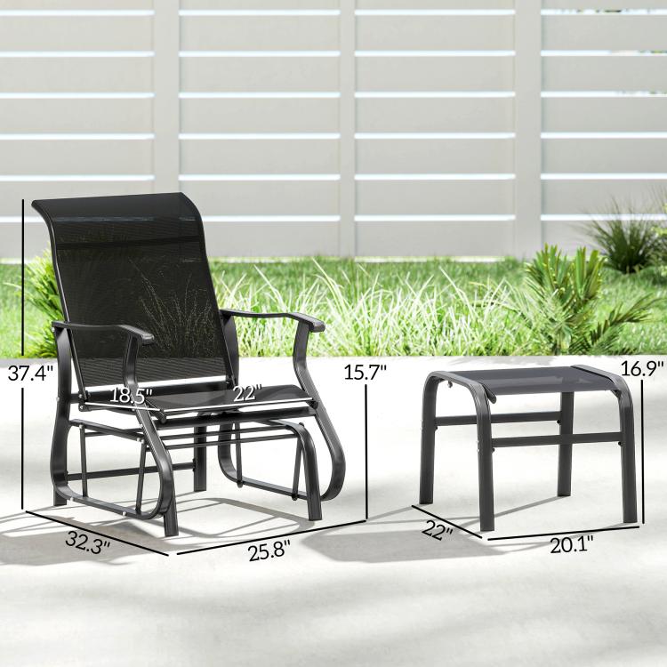 Black glider chair and ottoman set with dimensions shown