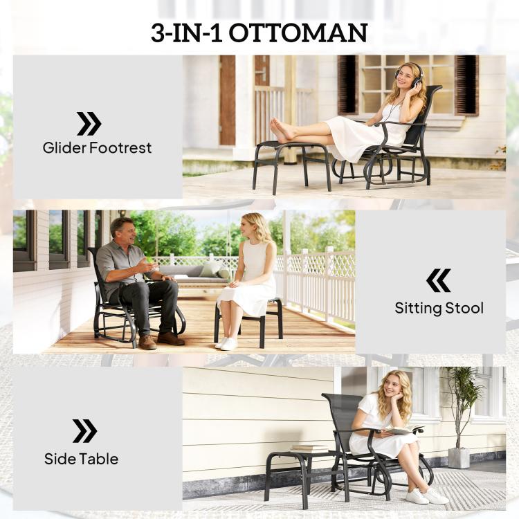 3-in-1 black ottoman that converts to glider footrest, side table, or stool