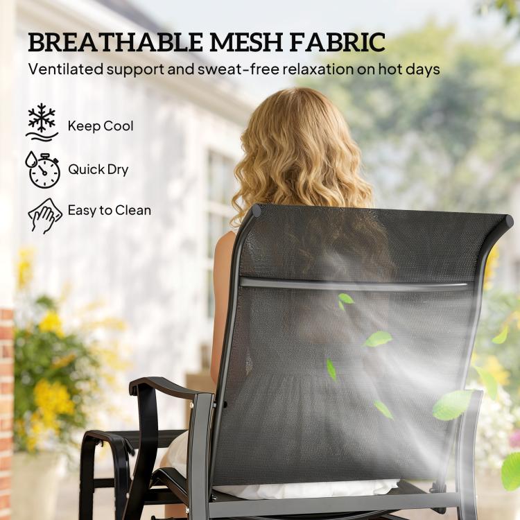 Black mesh outdoor glider chair back with ventilated fabric panel