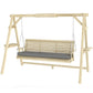 Natural wood 3-seat porch swing with stand, chain suspension, and gray seat cushion