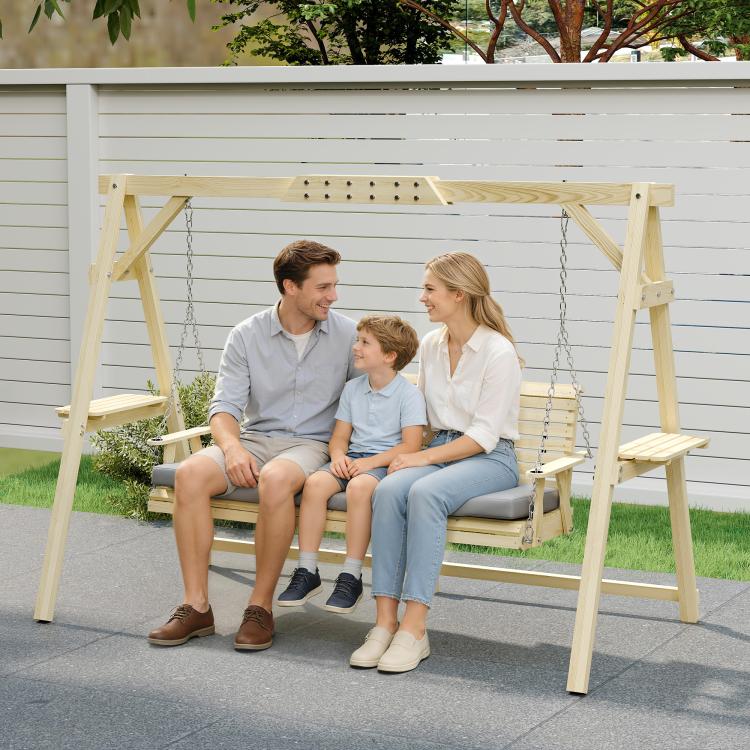 Wooden 3-seat porch swing with stand and gray cushion, with hanging chains