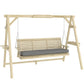 Wooden porch swing frame with gray seat cushion on hanging chains