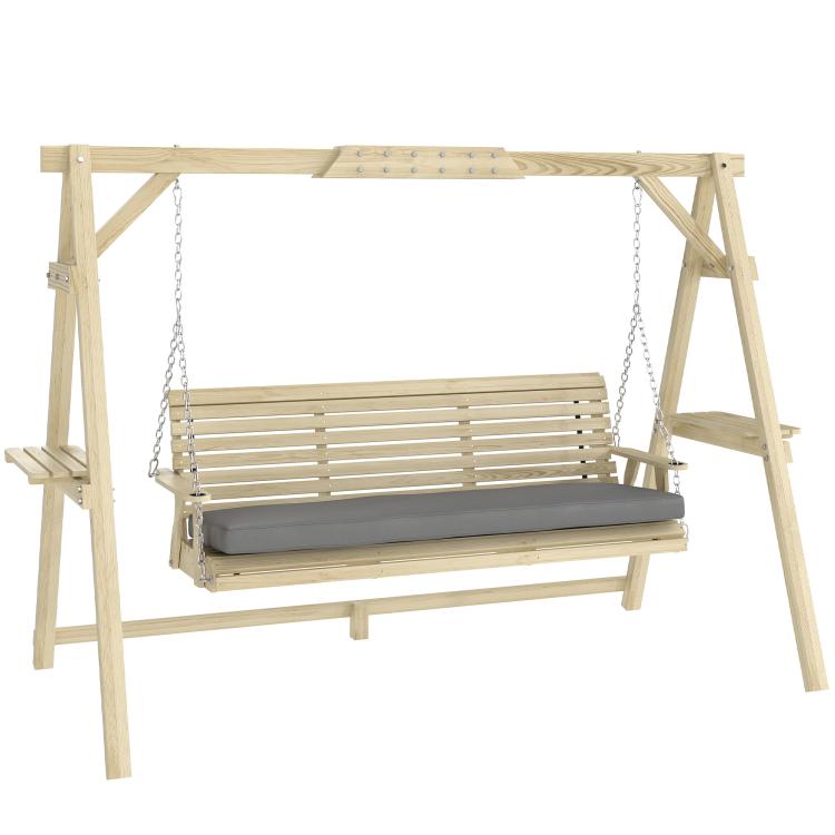 Wooden porch swing frame with gray seat cushion on hanging chains