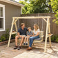 3-seat porch swing with gray cushion, natural wood frame, and hanging chain bench