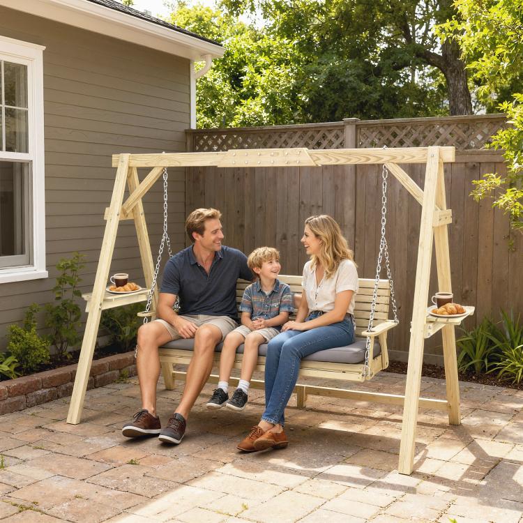 3-seat porch swing with gray cushion, natural wood frame, and hanging chain bench