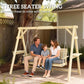 3-seat wooden porch swing with gray cushion and hanging chains on a patio