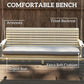 Wood porch swing bench with gray cushion, slatted seat, and tilted backrest