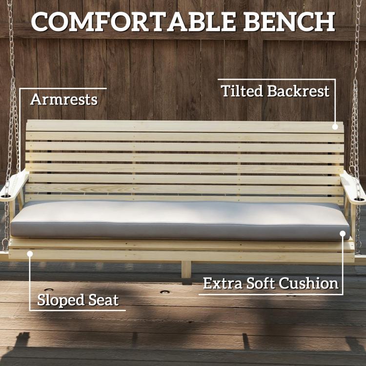 Wood porch swing bench with gray cushion, slatted seat, and tilted backrest