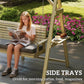 Natural wood 3-seat porch swing with gray cushion and hanging chains beside side trays