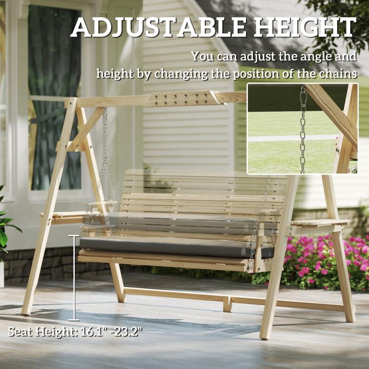 Adjustable height porch swing with natural wood frame, gray cushion, and hanging chains