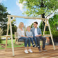 Natural wood 3-seat porch swing with gray cushion and chain-hung bench for family