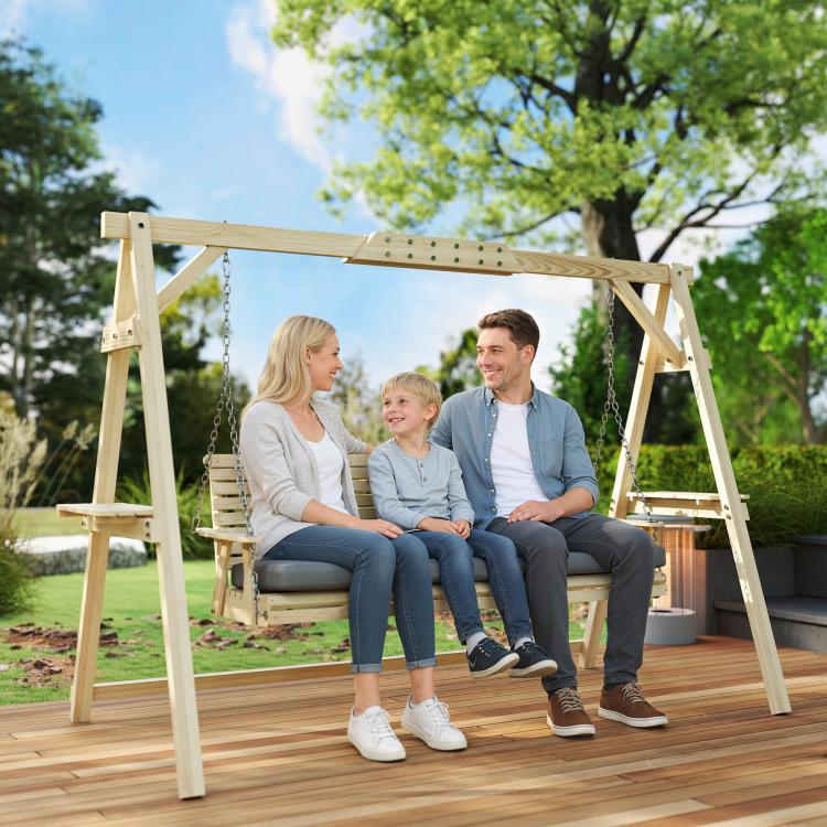 Natural wood 3-seat porch swing with gray cushion and chain-hung bench for family