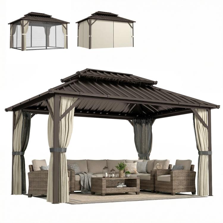 Hardtop gazebo with brown roof, beige curtains, and dark frame for outdoor seating