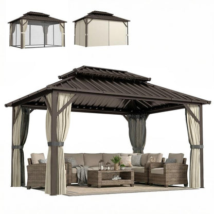 Hardtop gazebo with brown roof, beige curtains, and dark frame for outdoor seating