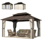 Brown hardtop gazebo with side curtains and open front showing patio furniture