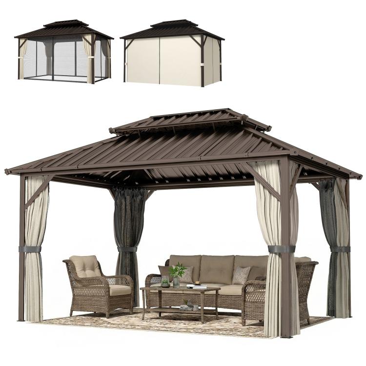 Brown hardtop gazebo with side curtains and open front showing patio furniture