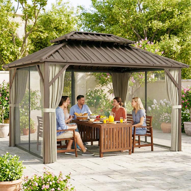 Hardtop gazebo with dark roof and beige side curtains, open dining setup