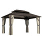 Hardtop gazebo with dark roof, beige curtains, and open front with frame